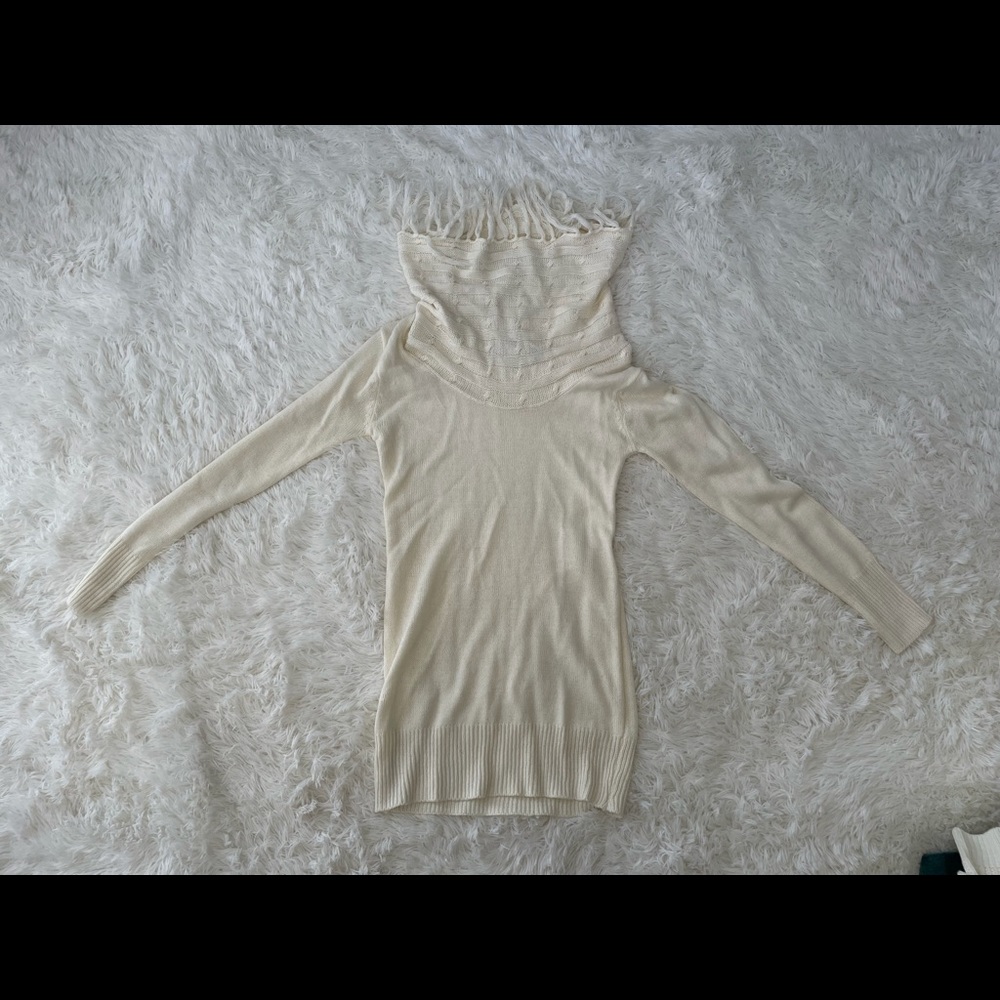 Long creamy white long sleeve cowl-neck sweater